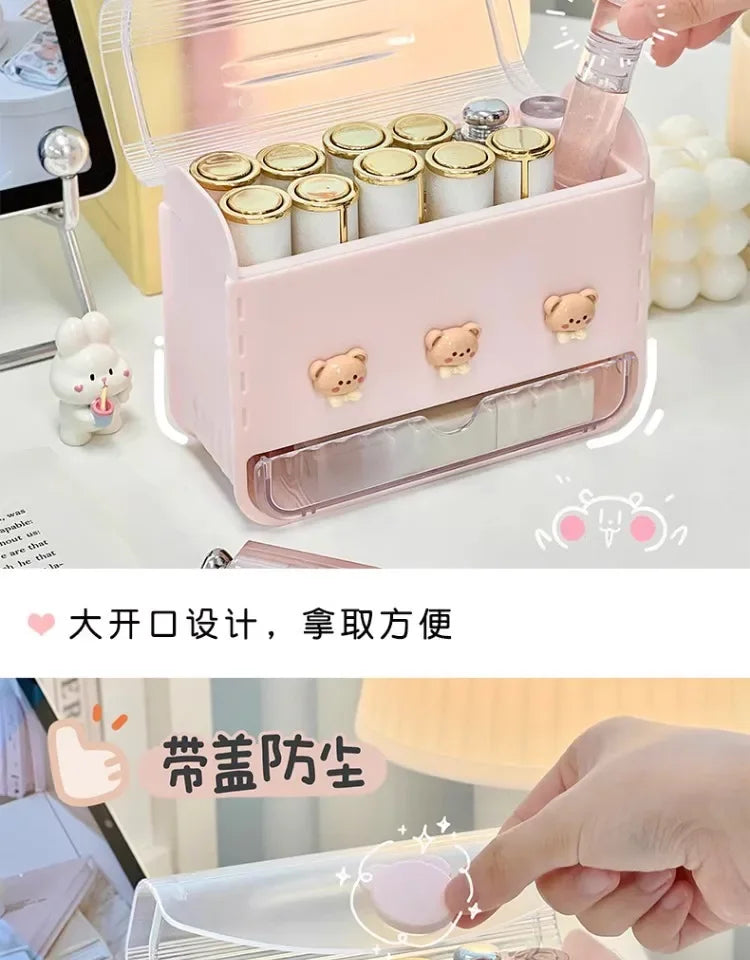 Makeup Lipstick Stand Case Desktop Cosmetic Organizer Storage Box Lipstick Dust-proof Display Stand Holder Cute Dressing Table