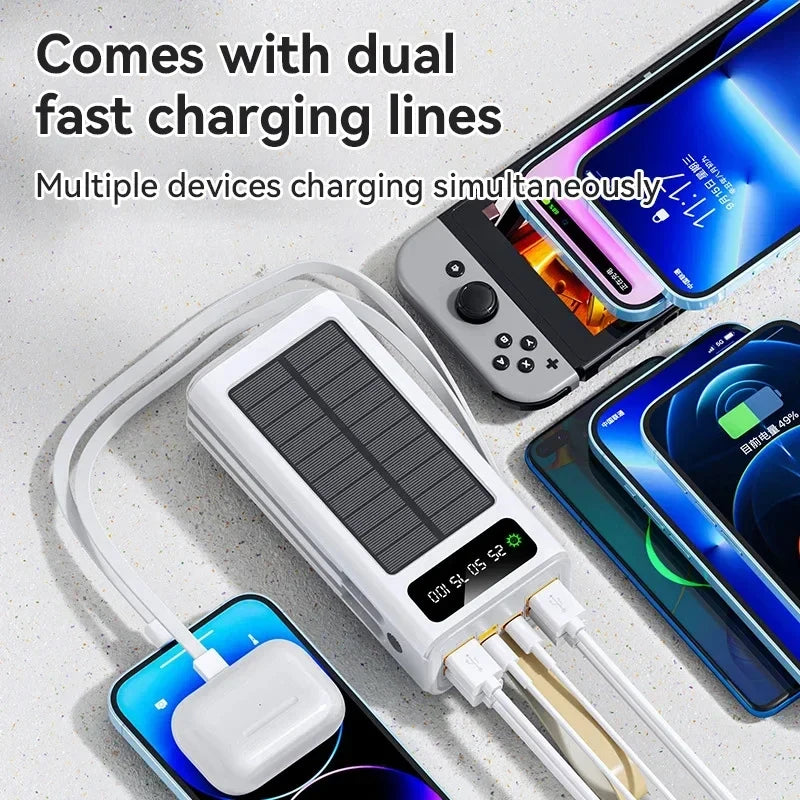 VIVO 500000mAh Solar Power Bank High-capacity Built-in 4 Cables External Battery LED Light PowerBank for iPhone Samsung