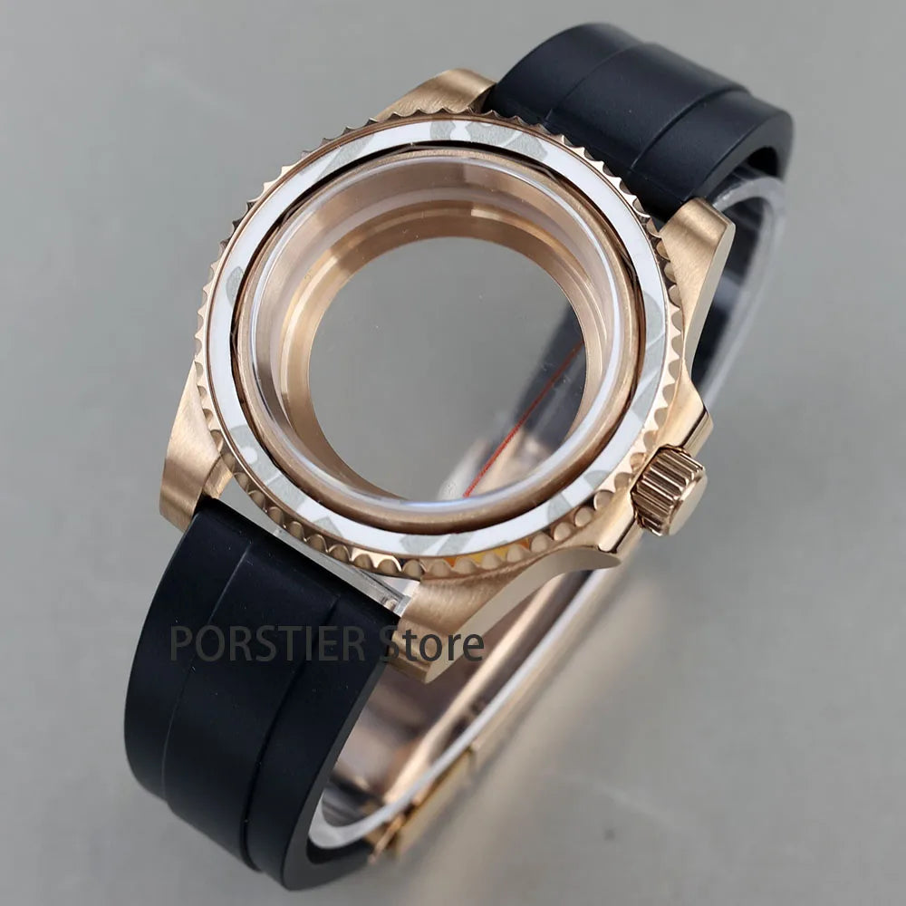 High quality 40mm Rose Gold Men Watch Cases Rubber Strap For Seiko nh34 nh35 nh36 100m waterproof 28.5mm Dial YACHT-MASTER case