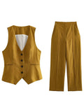 Willshela Women Fashion Two Piece Set Khaki Tank Tops & Straight Leg Pants Vintage V-Neck Single Breasted Female Chic Pants Suit