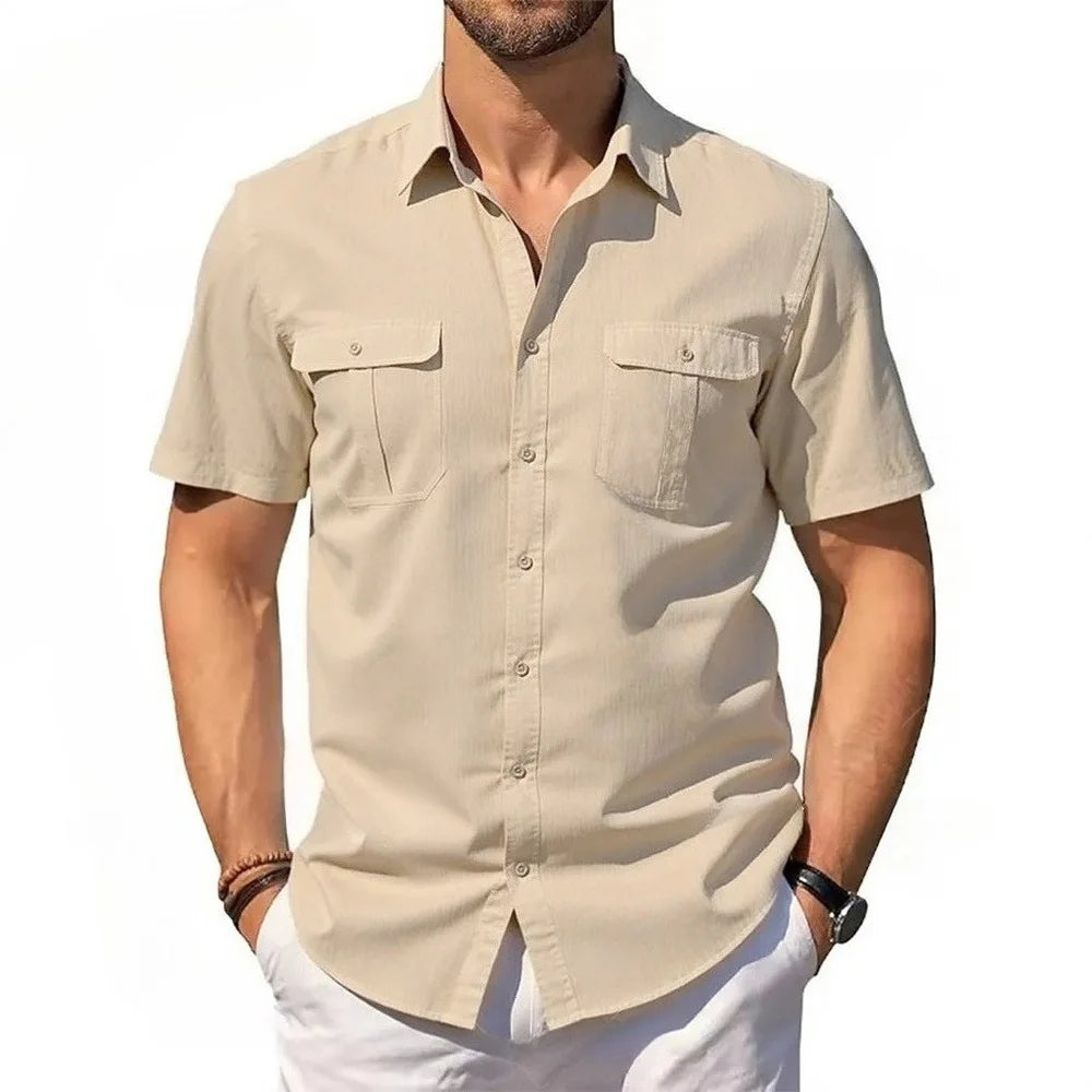 Men's Double Pocket Short Sleeve Shirt Cotton Linen Casual Vacation Beach Shirt Lightweight Streetwear Solid Color Slim Fit Tops