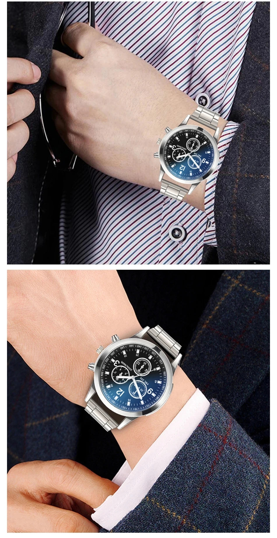 2Pcs/Set Fashion Mens Stainless Steel Bracelet Watches Luxury Quartz Wristwatch Clock Business Casual Watch Relogio Masculino