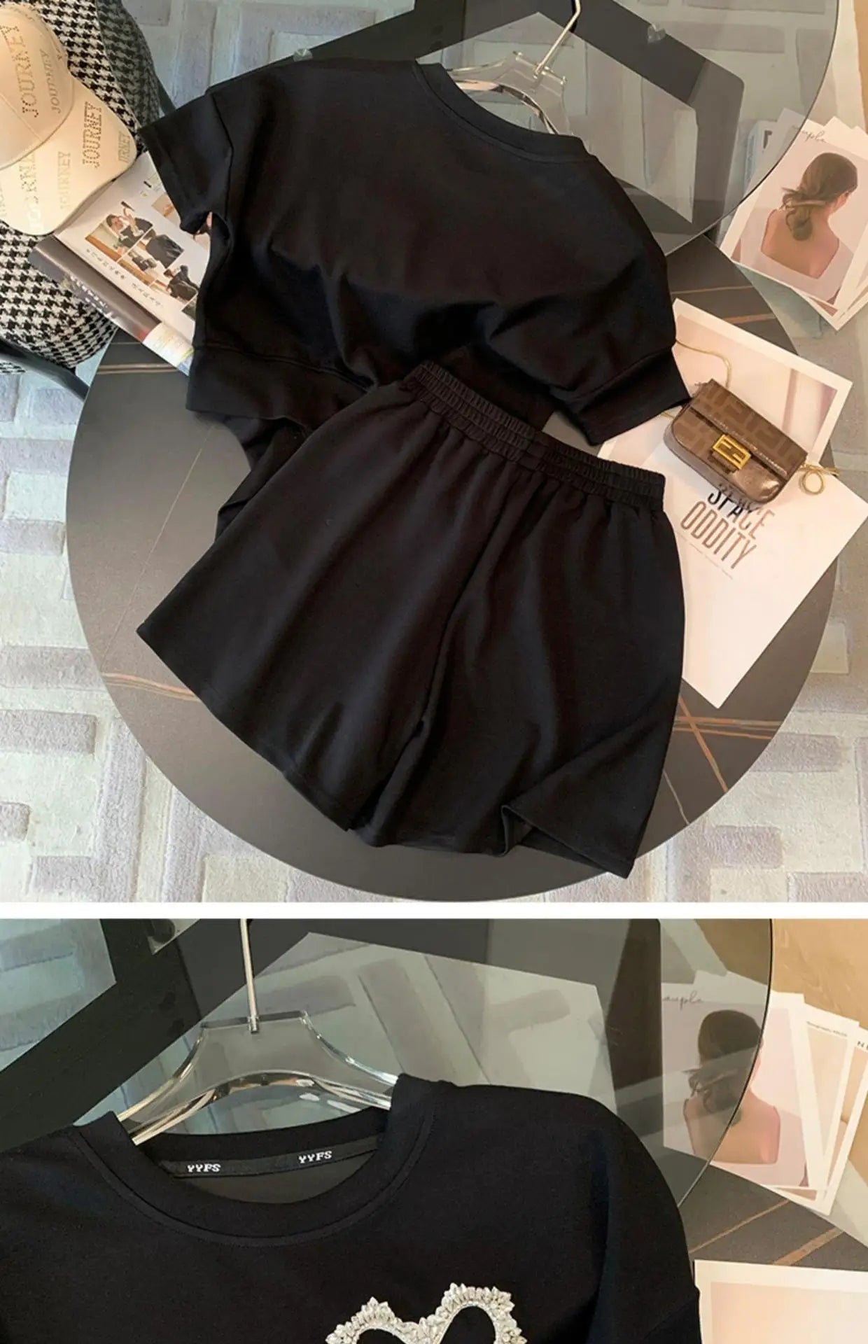 Ladies Summer Women Sexy Short Sleeve Tops T Shirt Shirts Elegant Love Beads Party Casual Shorts Pockets 2 Pieces Sets Suits