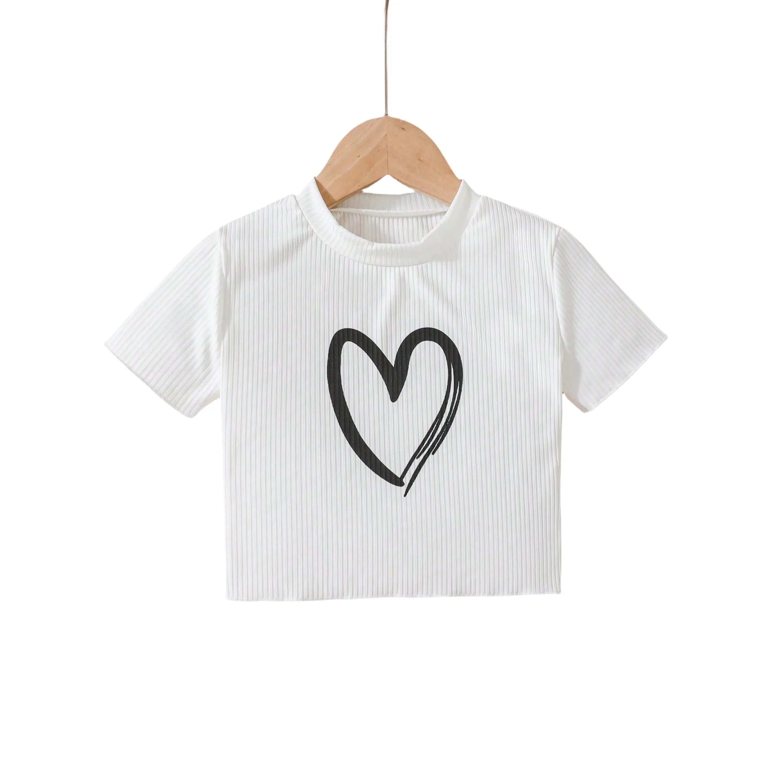 Girls' simple love pattern T-shirt: white rib knitted, comfortable and versatile style
