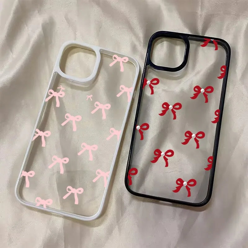Cute Red Pink Bow Phone Case For Xiaomi Redmi 14C 13C 12C 4G Poco X6 X5 Pro Redmi Note 12 11 13 Pro Plus 5G Clear Silicone Cover