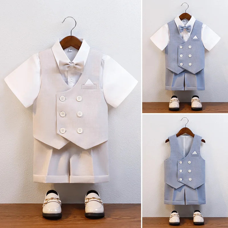 JUCPKID Kids Boys Summer Vest Shorts Suit Formal Elegant Children Boys Wedding Suit Junior Boys Blue Gray Short-sleeved Vest Set