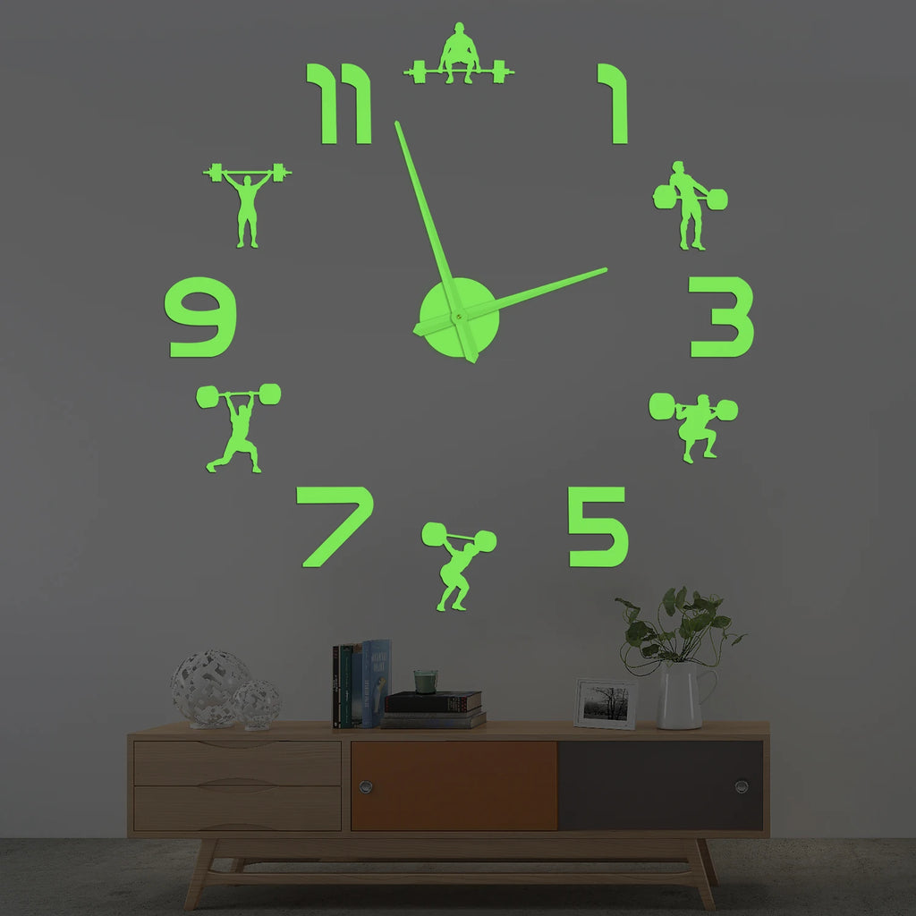 Weightlifting Fitness Room Wall Decor DIY Giant Wall Clock Mirror Effect Powerlifting Frameless Large Wall Clock GYM Wall Watch