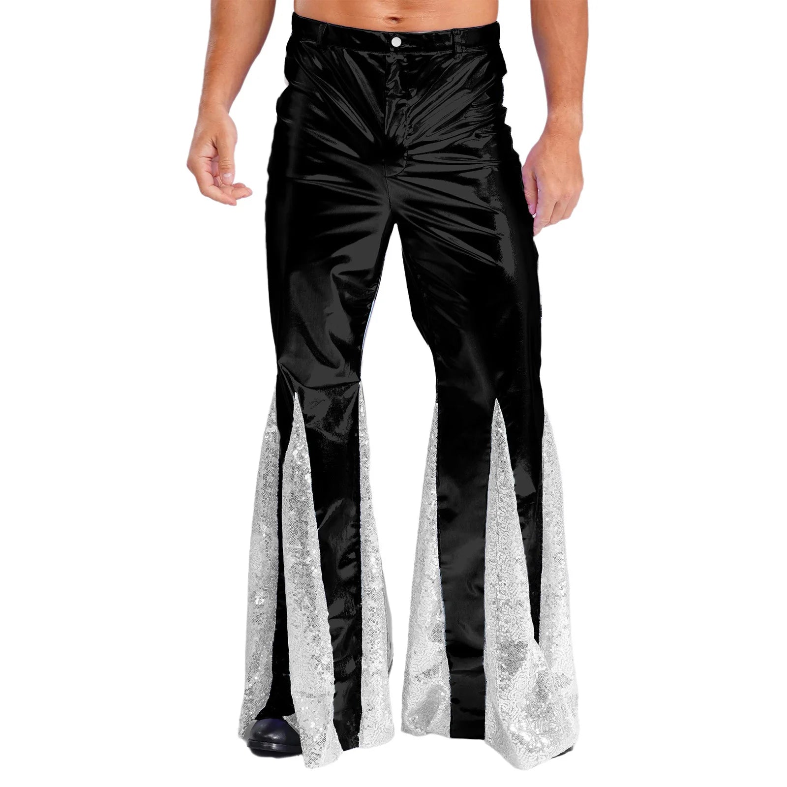 Mens Shiny Metallic 70s Disco Pants Hippie Vintage Costume Dance Party Sequins Bell Bottoms Stage Performance Flared Pants