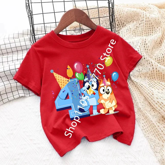 Bluey Baby Birthday T Shirt for Boys Girl Bingo Number Kids Clothes Summer Cartoon Letter Tees Shirts Toddler Short Sleeve Tops