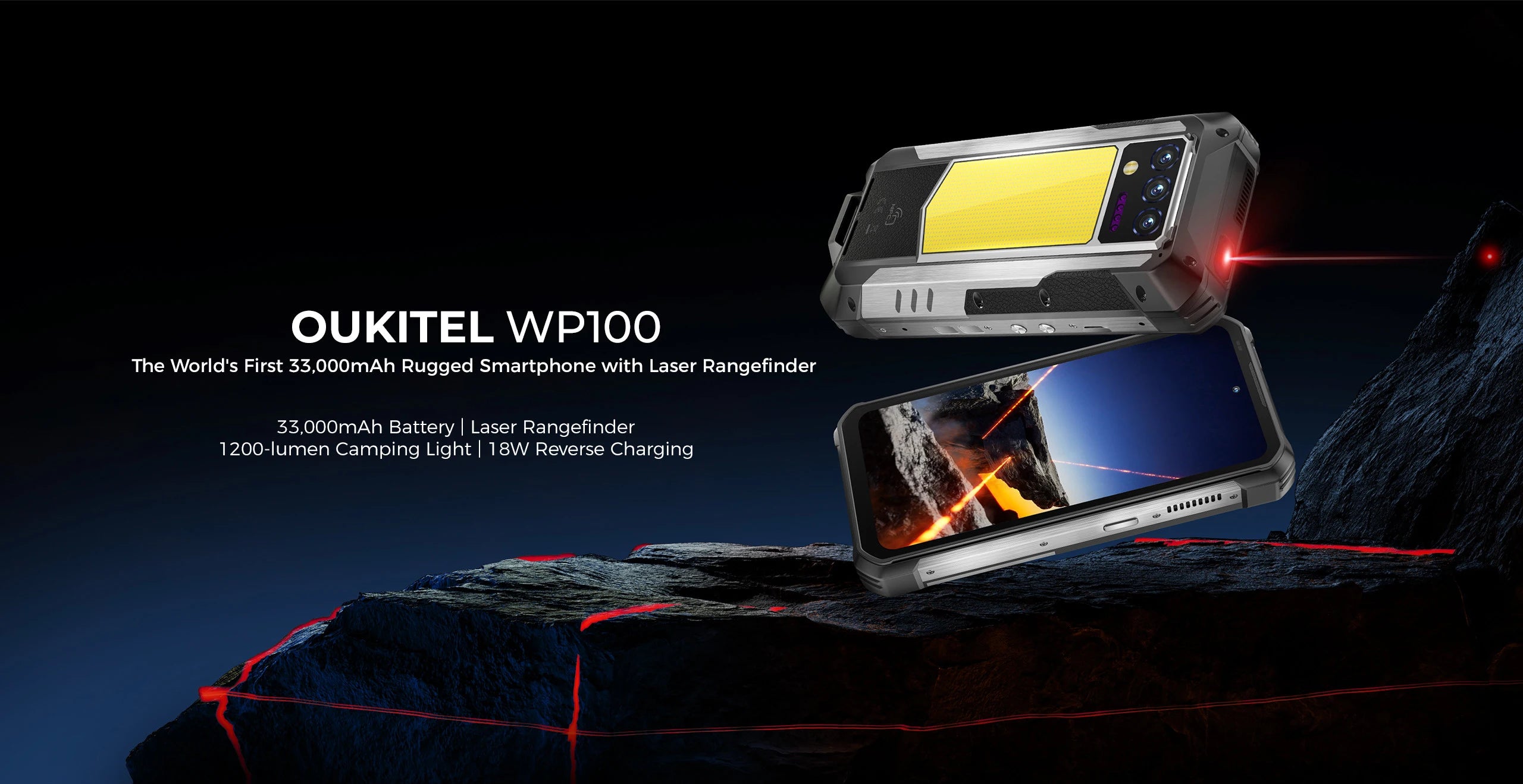 OUKITEL WP100 Rugged Phone - 33000mAh, Laser Rangefinder, Camping Light, 200MP, 36GB+512GB, 6.8" FHD+, NFC GPS 5G Smartphone