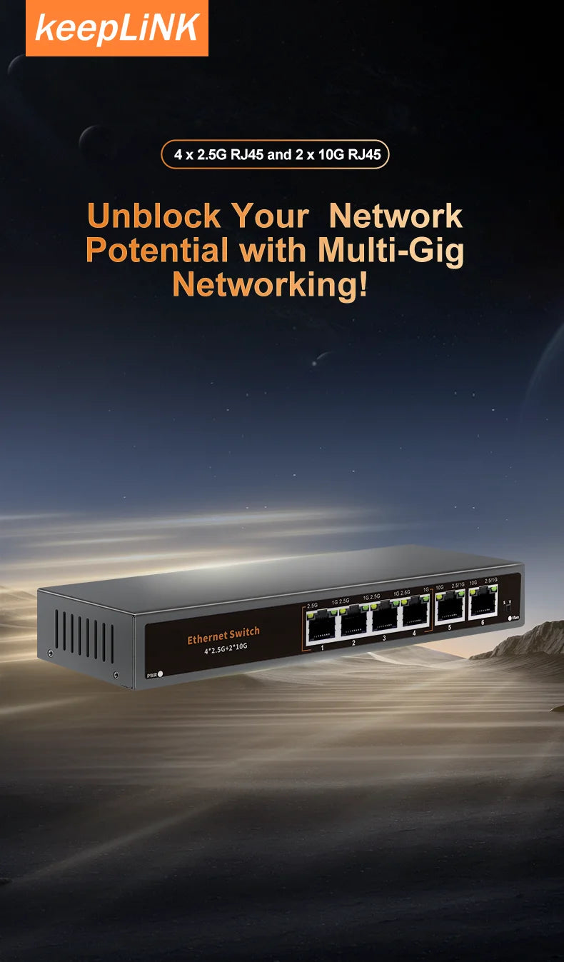 KeepLiNK 6-Port Multi-Gigabit Unmanaged Network Switch 4 X 2.5Gb RJ45 + 2 X 10Gb RJ45 for High-Speed Data Networking