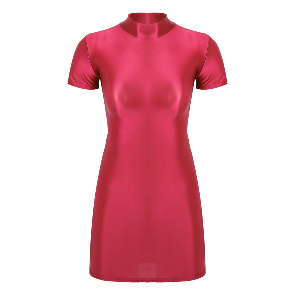 Women's  Solid Color Smooth Stretchy Mock Neck Tight Party Dresses Female Dresses Glossy Long Sleeve Bodycon Dress Nightwear