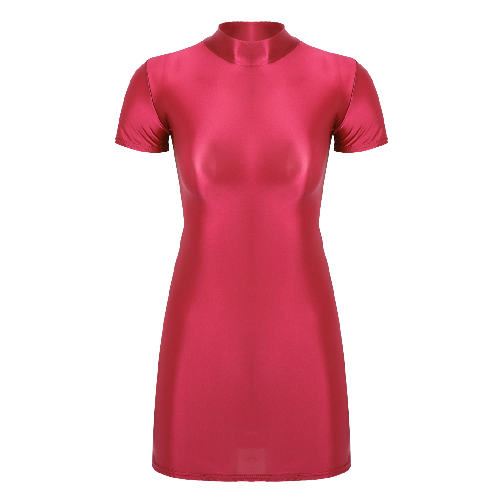 Women's  Solid Color Smooth Stretchy Mock Neck Tight Party Dresses Female Dresses Glossy Long Sleeve Bodycon Dress Nightwear