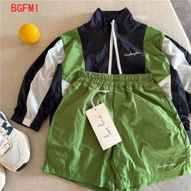 Children's Set 2026 Summer Boys Girls Color blocked Sunscreen Coat+Baby and Children's Sports and Leisure Quick drying Shorts