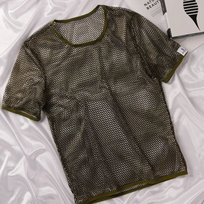 Summer Men's T Shirts Mesh Hollowed Sheer Short-Sleeved Breathable Blouse Sports Streetwear Shirt Fitness Transparent Tee Shirts