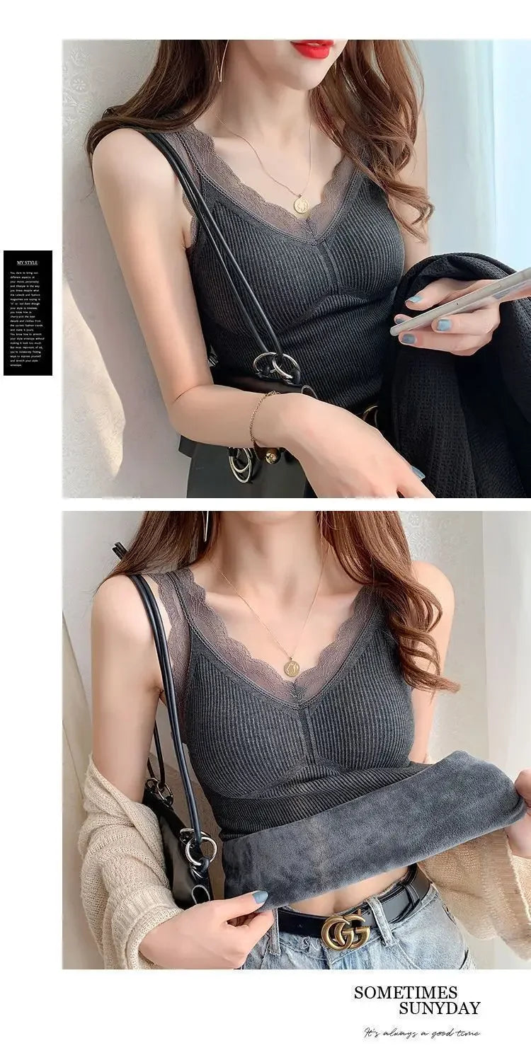 Thermal Underwear Inner Vest For Women Warm Winter Sexy Lace Sleeveless Tank Tops Padded Bra Thermo Thick Slimming Undershirt