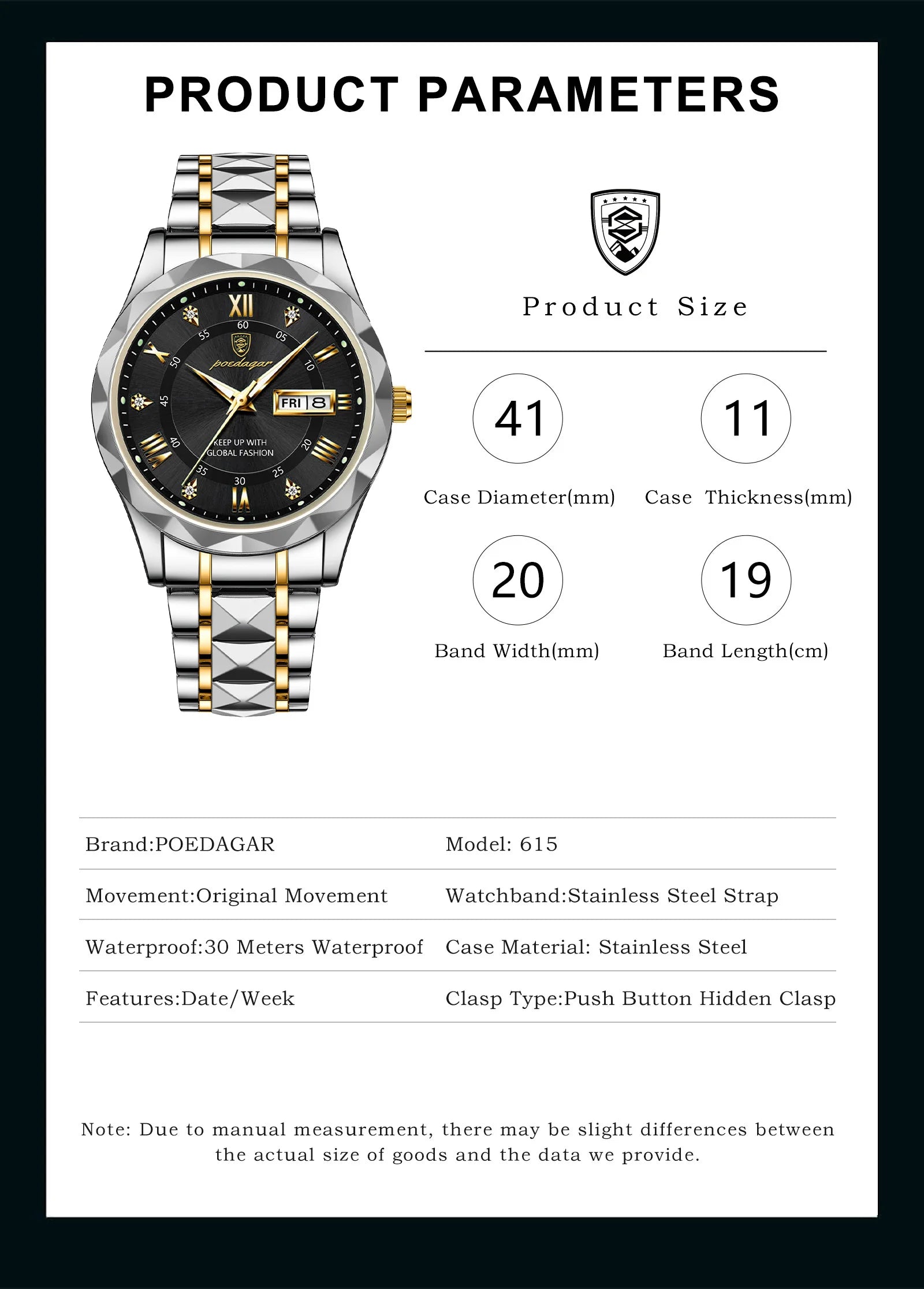 POEDAGAR Luxury Brand Men's Watches Waterproof Stainless Steel Luminous Man Wristwatch Date Week Quartz Business Men Clock Reloj