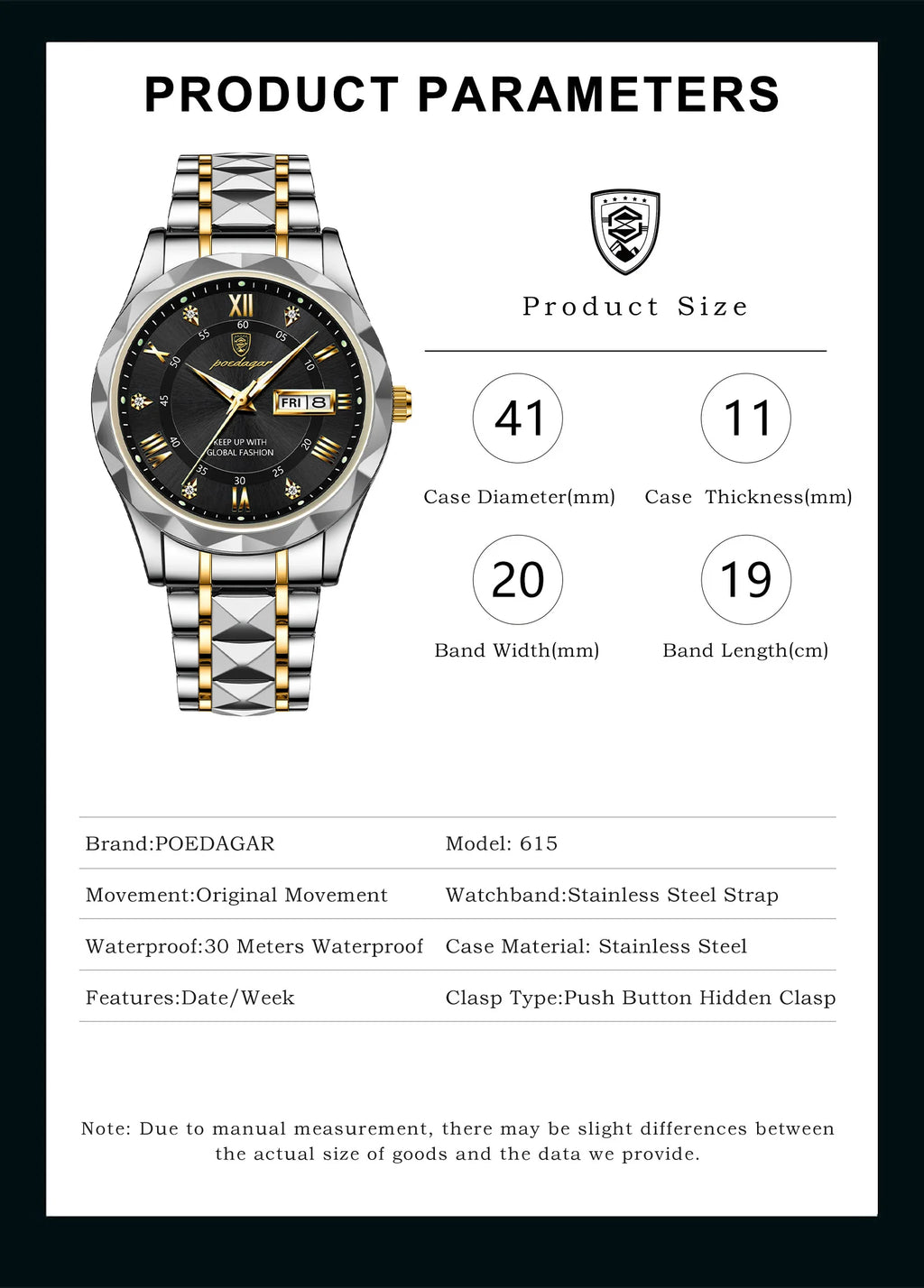 POEDAGAR Luxury Brand Men's Watches Waterproof Stainless Steel Luminous Man Wristwatch Date Week Quartz Business Men Clock Reloj