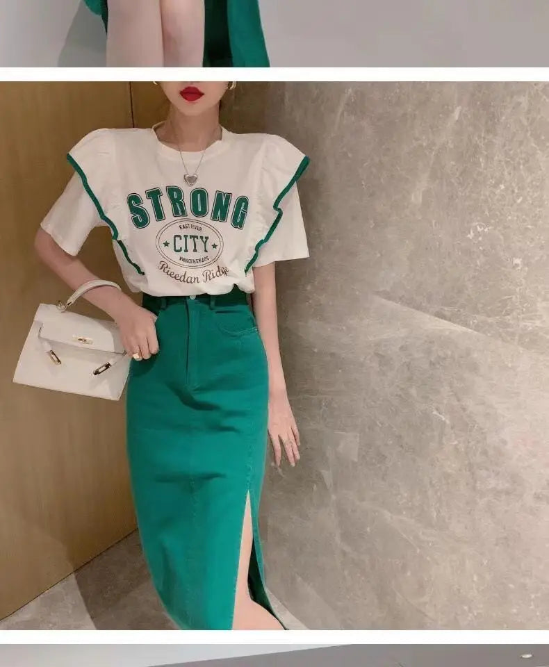 Summer 2024 Trendy Loose ort Sve T-irt Women's Top Design Sense Splicing Slimming Faionable Youthful Polyester Cotto...