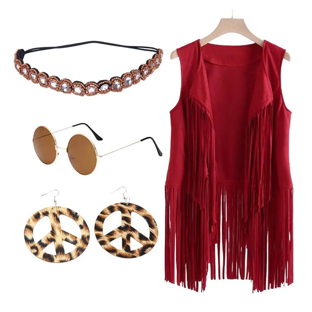 60s 70s Women Vest Set Headband Sunglasses Necklace Earrings Tassel Cardigan Jewelry Set Waistcoat Dance Party Disco Costume