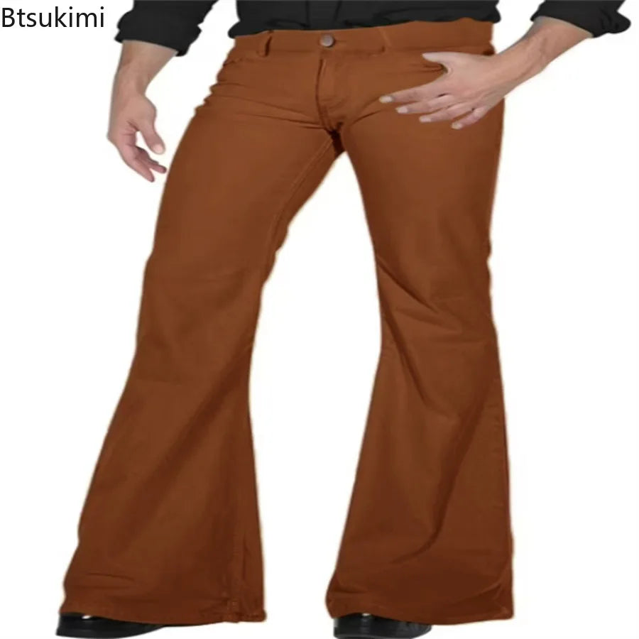2026 Fashion Men's Vintage Disco Flared Pants Solid Stretch Slim Fit Trousers Hippie Style Casual Wide Leg Pants Male Streetwear