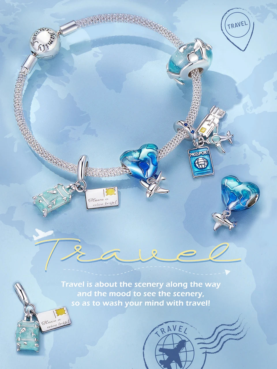 BISAER 925 Sterling Silver Summer Vacation Charm Bead Lipstick Sunglasses High Heels Airplane Pendant Fit Women DIY Bracelet