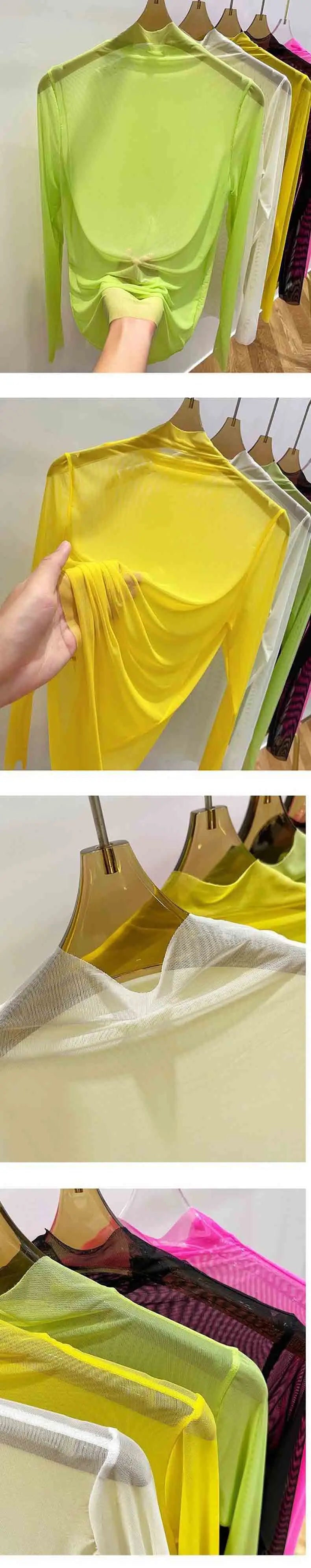 Transparent Gauze Bottoming T-shirt Women Clothing Summer Long Sleeved T-shirt with Gauze Shirt Half High Collar Sunscreen 2023