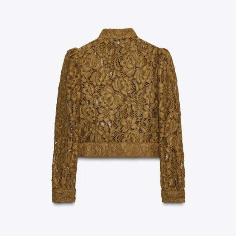 Ladies Elegant Hollow Out Lace Blouse 2026 Chic See Though Single Breasted Long Sleeve Shirts Spring New Female Blouse Shirts