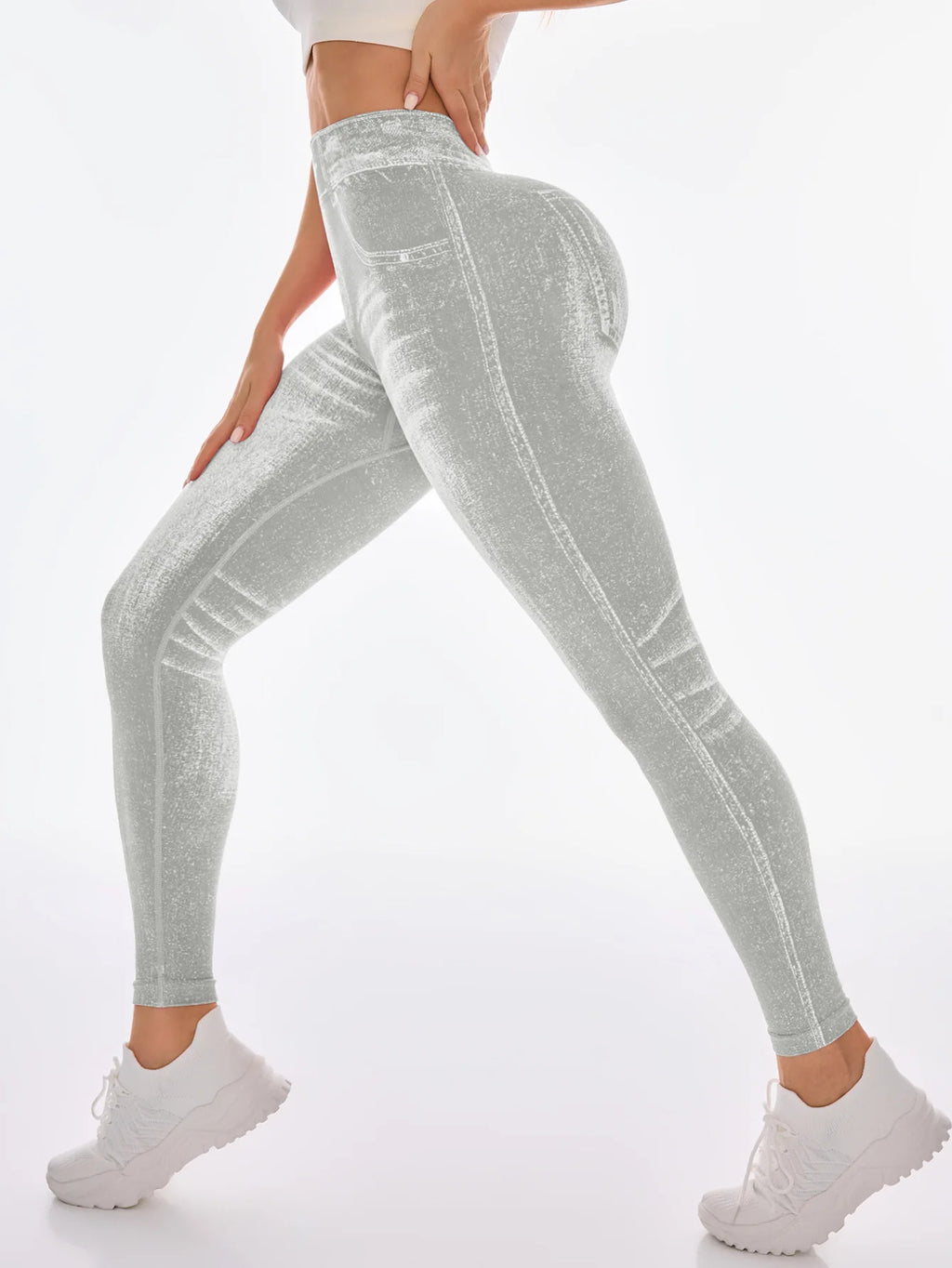 Women's Gym Printed Yoga Tight Pants Seamless High Waisted Denim-like Perforated Fake Pocket Tight Pants Yoga Fitness Leggings