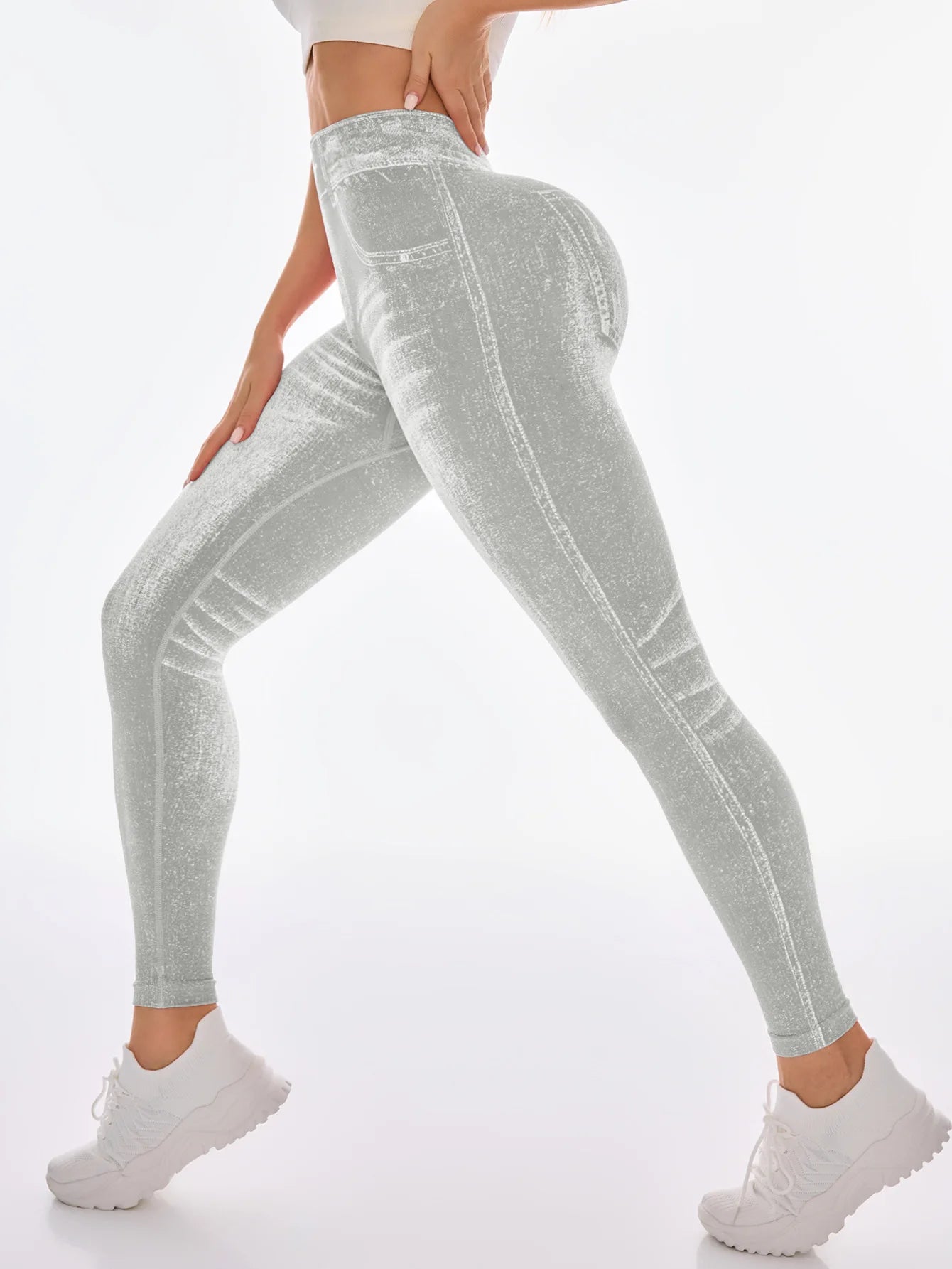 Women's Gym Printed Yoga Tight Pants Seamless High Waisted Denim-like Perforated Fake Pocket Tight Pants Yoga Fitness Leggings