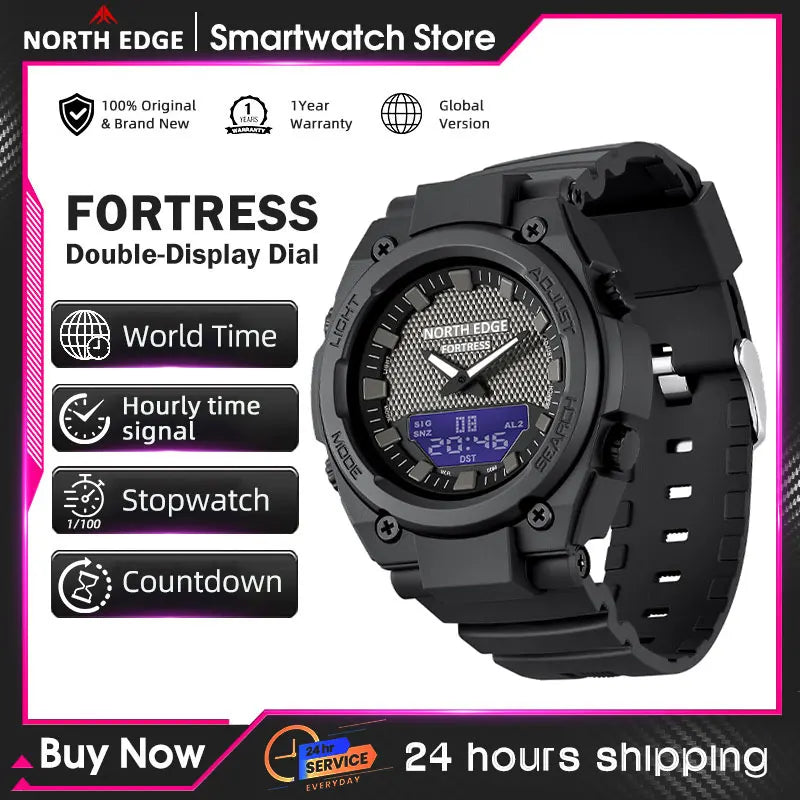 NORTH EDGE FORTRESS Men's Sports Watches Stopwatch Men's Digital Watches World Time Wristwatch relógios masculino Waterproof 50M