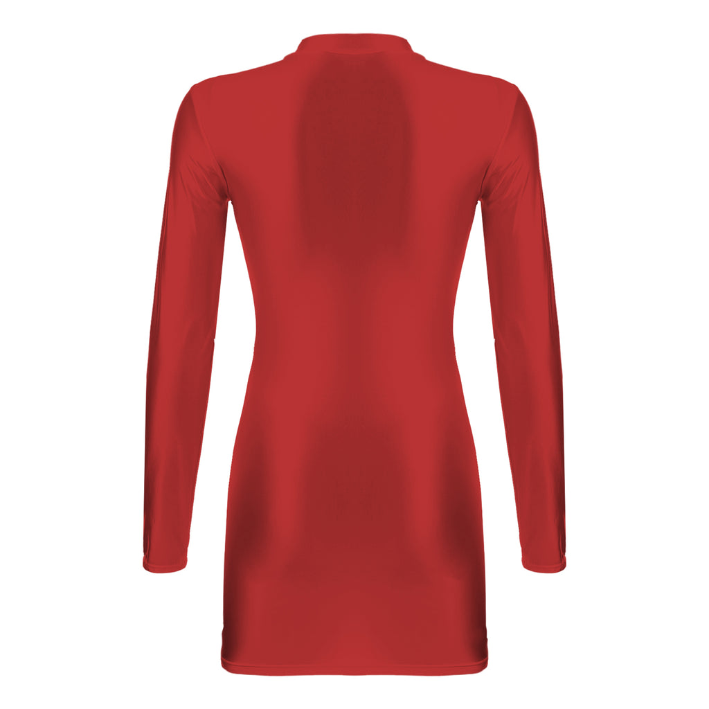 Women's  Solid Color Smooth Stretchy Mock Neck Tight Party Dresses Female Dresses Glossy Long Sleeve Bodycon Dress Nightwear