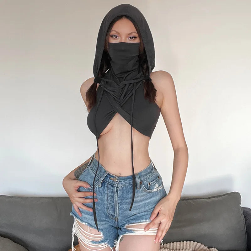 Summer Fashion Trend Solid Colour Y2k Tops New Casual Hooded Lace-Up Crop Top Sexy Slim High Neck Sleeveless Women Clothing