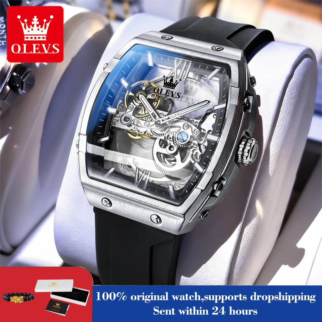 OLEVS 6779 Man Watch Skeleton Luxury Tonneau Mechanical Watches For Men Waterproof Silicone Strap Automatic Hand Clock Gifts Box
