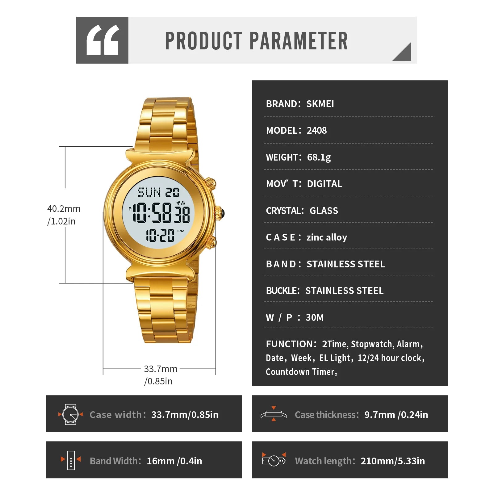 SKMEI Fashion Women's Alloy Digital Business Watch Waterproof Steel Strap Women Watch Simple Exquisite Silver Watch with 2408