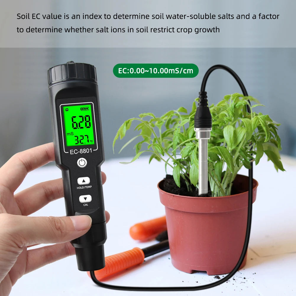 Digital EC/Temp Soil Tester 0.00~10.00mS/cm Conductivity Meter High Accuracy Sensor with ATC for Hydroponics Planting Gardening
