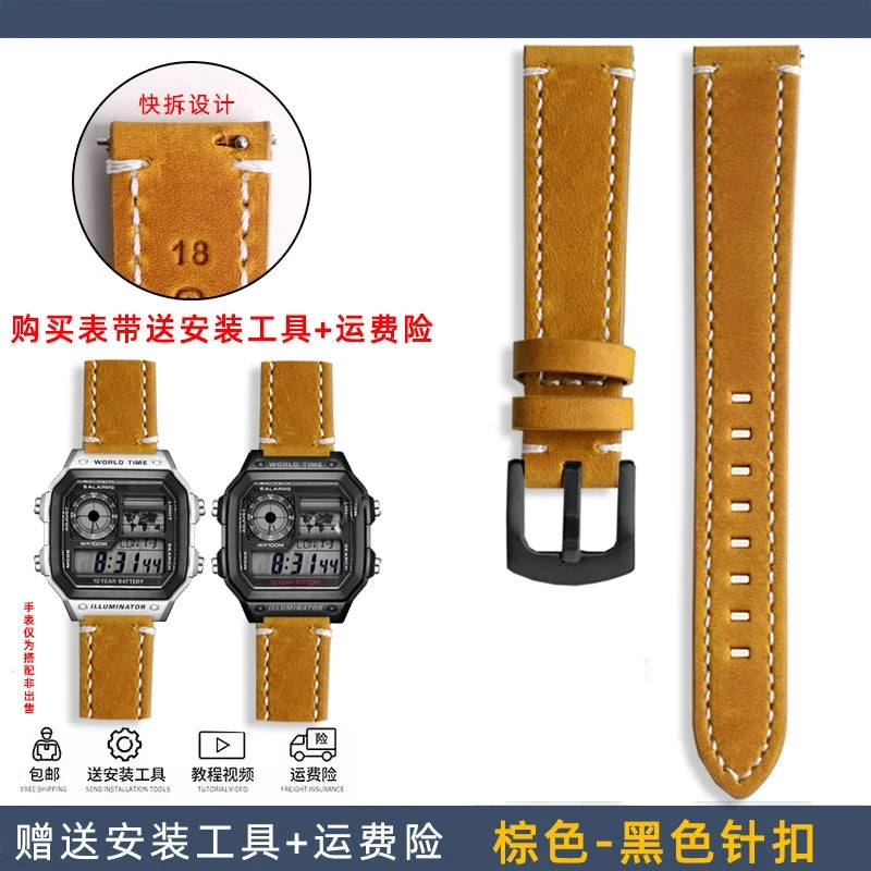 Cowhide Watchband For Casio A158 A168 f91w AE-1200WHD/A159/A169 AE1200 Watch Strap Quick release Soft Bracelet men accessories