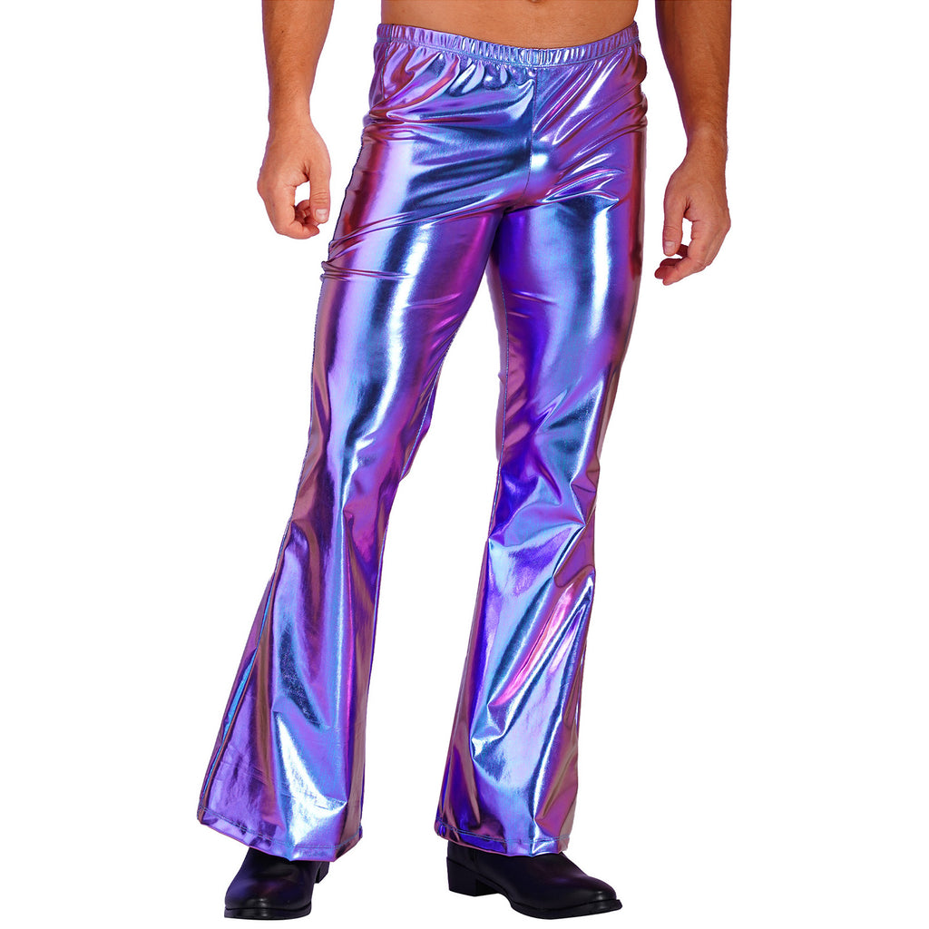 Men Metallic Shiny Flared Pants Retro Disco Costume Elastic Waistband Bell Bottom Trousers Long Pants 70s Party Show Clubwear