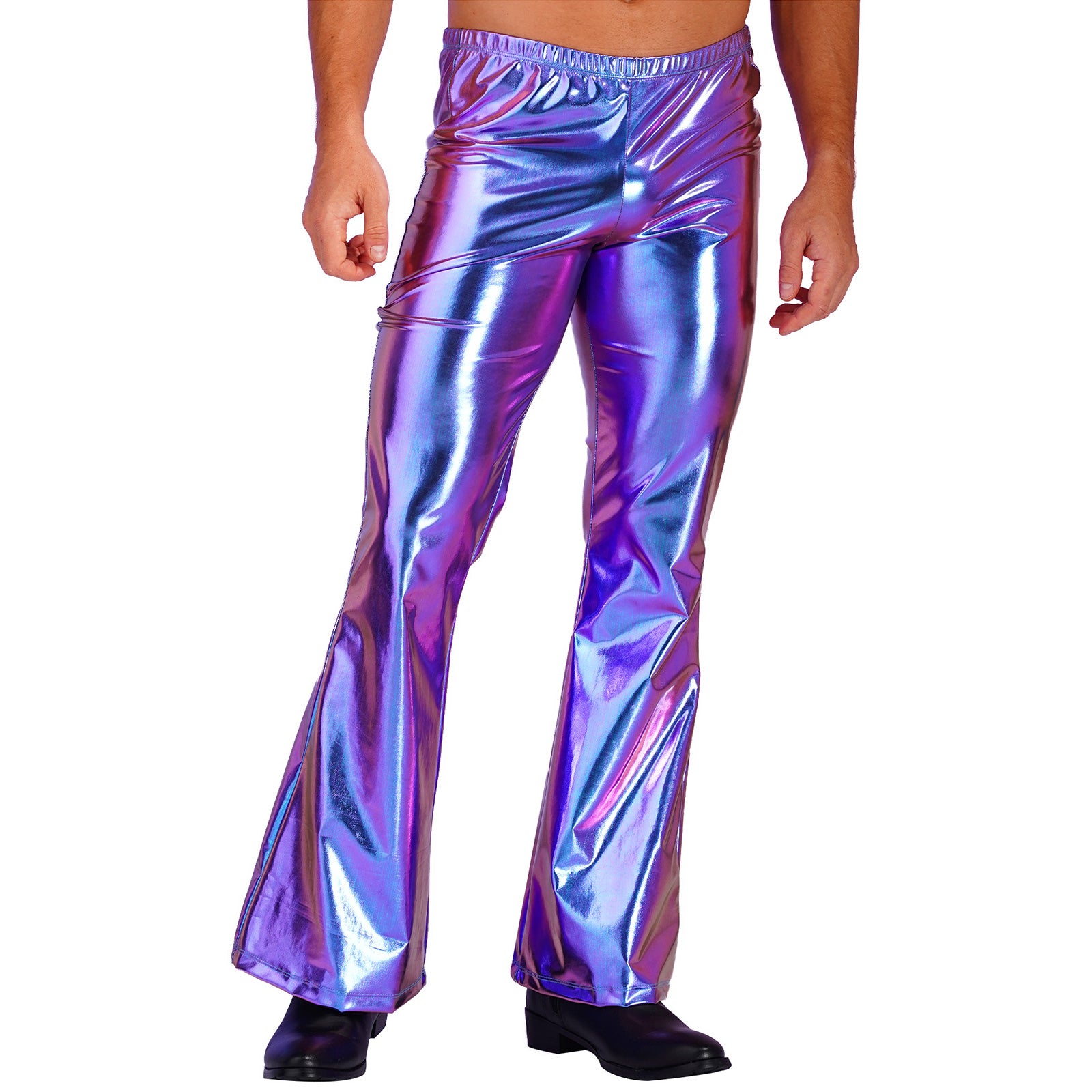 Men Metallic Shiny Flared Pants Retro Disco Costume Elastic Waistband Bell Bottom Trousers Long Pants 70s Party Show Clubwear