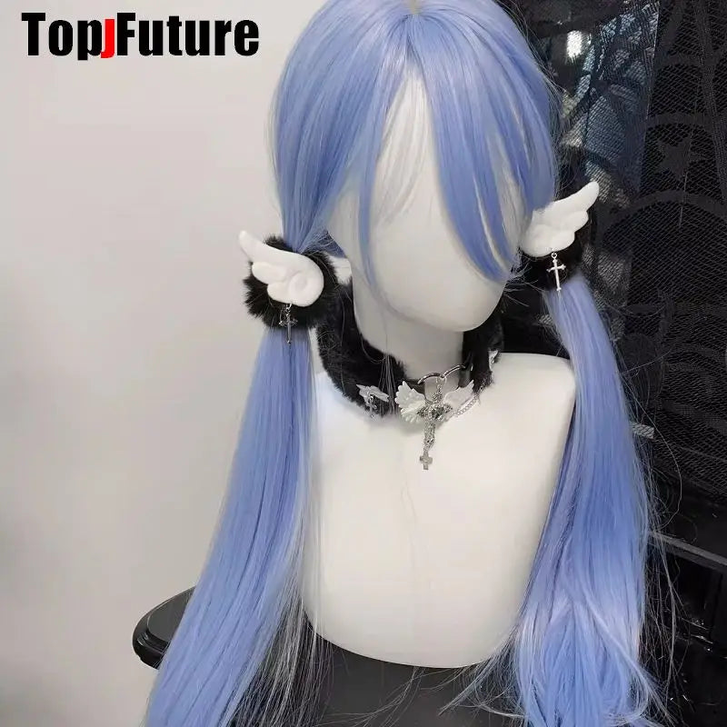 Girl Vintage  y2k Girl  gothic lolita cosplay Harajuku Punk Angel wing cross furry hair loop hair rope elastic hair bands