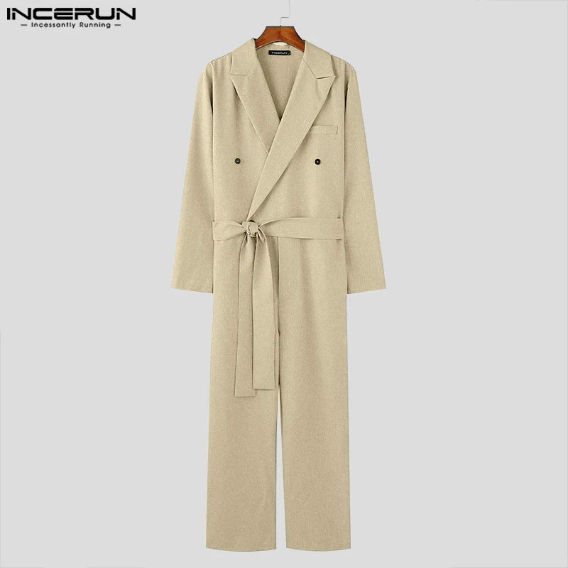 INCERUN 2024 American Style Fashion Jumpsuit Casual Men's Suit Neck Double Breasted Jumpsuits Long Sleeved Casual Rompers S-5XL