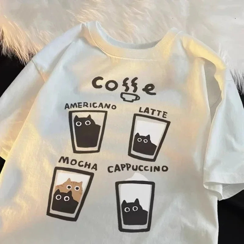Cartoon Cute Cat and Dog Pattern Fun WomanT-Shirt Street Comfortable Soft Tops Creative Fashion Women's T-Shirt Clothing Y2K Top