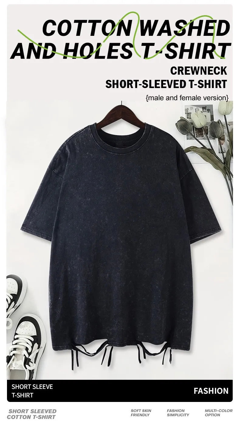 Gradient Wings Design Washed Holes T-Shirt Men Sport Cool Short Sleeve Breathable Cotton O-Neck Top Casual Unisex Loose Clothes