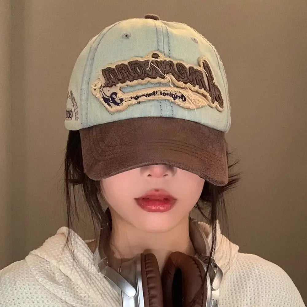 Simple Splicing American Retro Baseball Caps Denim Baseball Hat Tattered Jeans Sun Hat Cotton Sunscreen Peaked Cap Outdoor