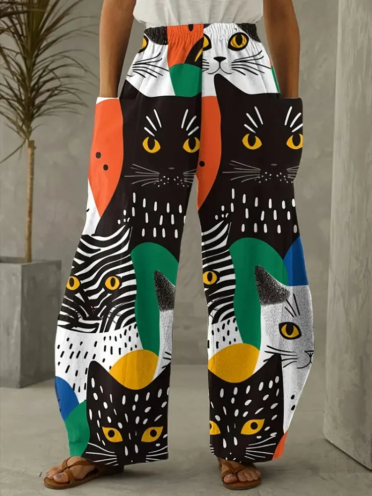 Loose Vintage Pants For Women Have Pocket Pants Cartoon New Fun Cat Animal Print Casual Women's Bloomers And Trendy Pants