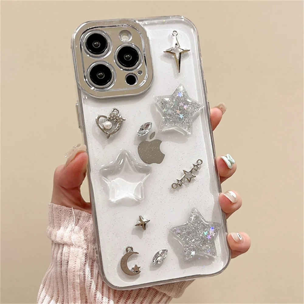 Luxury Silicone Glue Drip Glitter Star Moon Phone Case For iPhone 16 15 14 Plus 13 12 11 Pro Max Cute 3D Clear Shockproof Cover