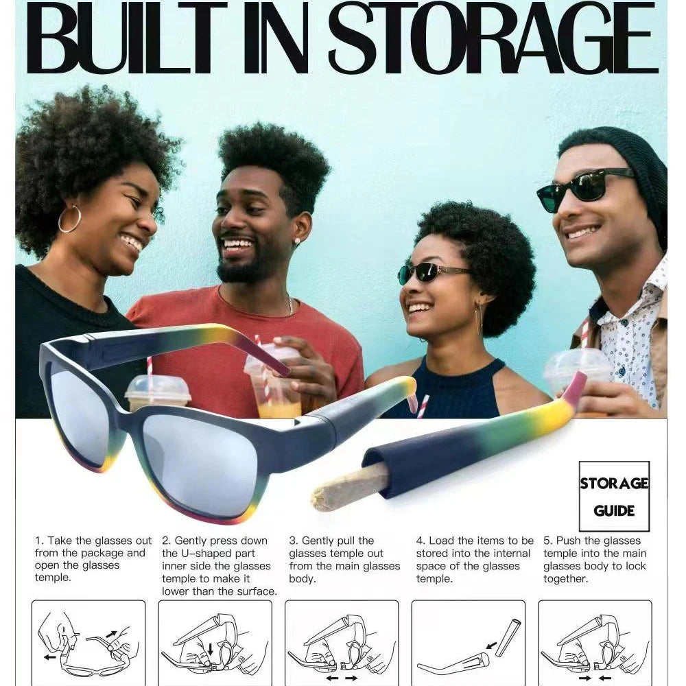 Fashion Sunglasses with Hidden Horn Tube Storage Removable Glasses Holder Rolling Paper Smoking Accessories Cool Men Gadget