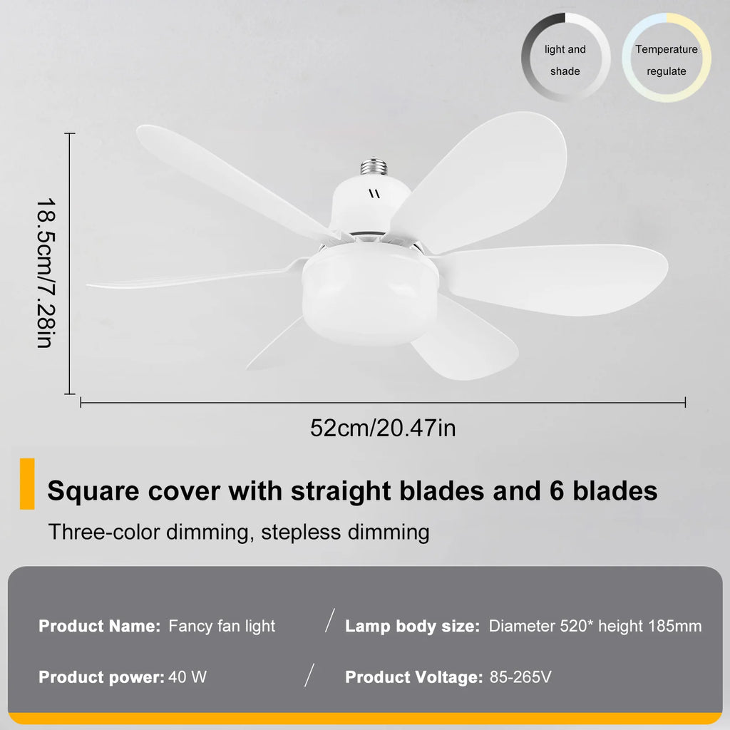 Socket Fan Light 3 Speeds Dimmable Screw in Ceiling Fan in Light Socket with Extender & 6 Blades Ceiling Fan with Light