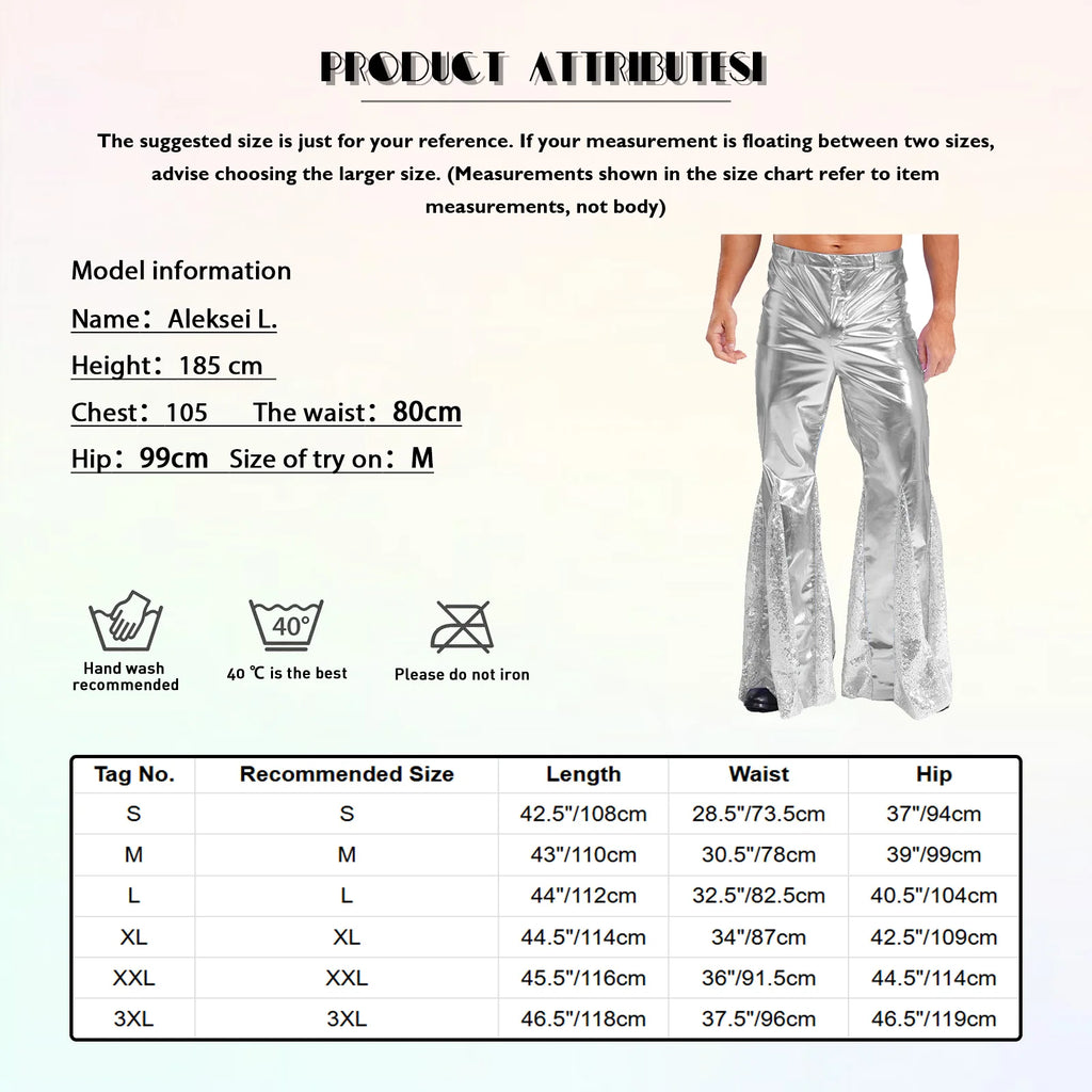 Mens Shiny Metallic 70s Disco Pants Hippie Vintage Costume Dance Rave Nightclub Sequins Bell Bottoms Club Party Flared Pants