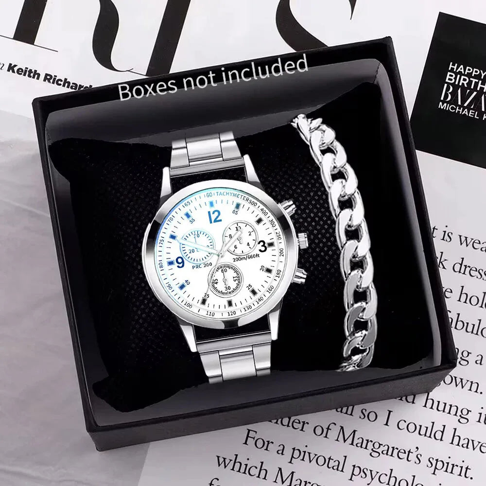 2Pcs/Set Fashion Mens Stainless Steel Bracelet Watches Luxury Quartz Wristwatch Clock Business Casual Watch Relogio Masculino